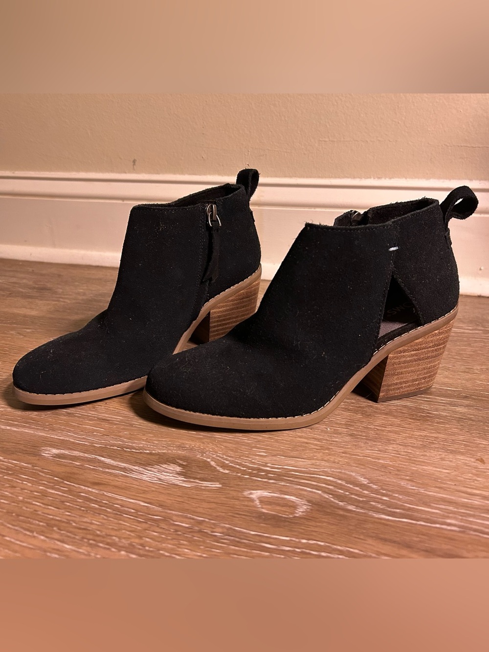 Toms Black Suede Cutout Ankle Booties with Stacked Heel